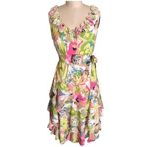 Y2K Robbie Bee Ruffle Dress Womens 14 Multi Floral Tiered Handkerchief Hem